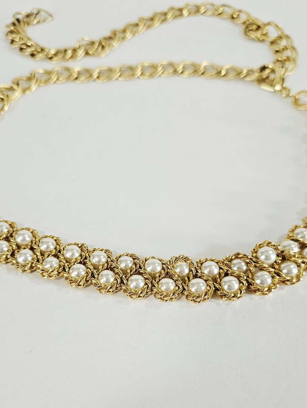 Vintage Gold Tone Double Row Faux Pearl Textured Twist Chain Linked Metal Belt